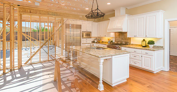 view of the kitchen and framing in a major home renovation