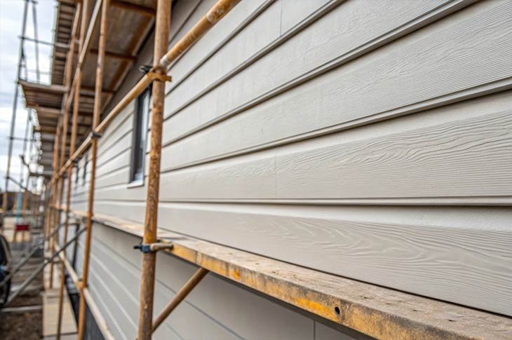 Close-up of fire-resistant cement siding installed on a home to enhance Pacific Palisades home fireproofing.