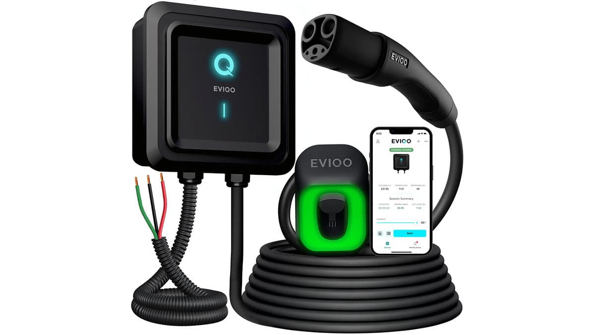 Hardwired EVIQO Level 2 EV charger with charging cable and app interface for home installation in Pacific Palisades