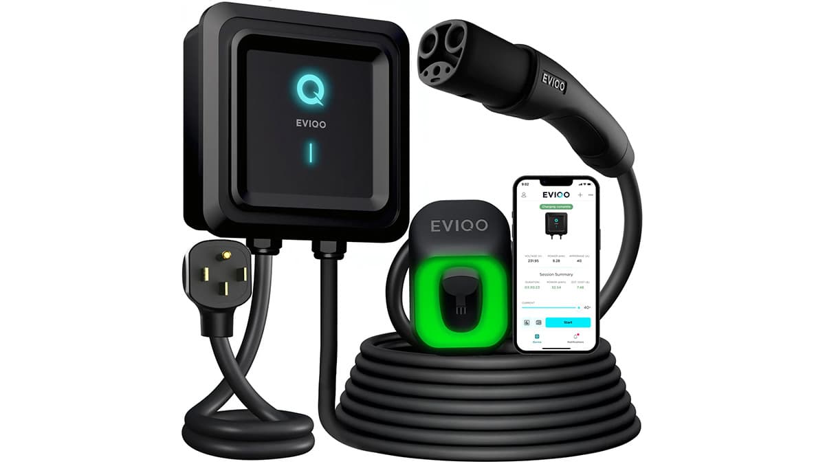 Plug-in EVIQO Level 2 EV charger with NEMA 14-50 plug, charging cable, and app interface for Pacific Palisades homes