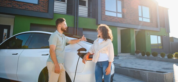 home-ev-charger-installation-cost-pacific-palisades-og Homeowners charging an electric vehicle outside a modern home, illustrating EV charger installation cost in Pacific Palisades