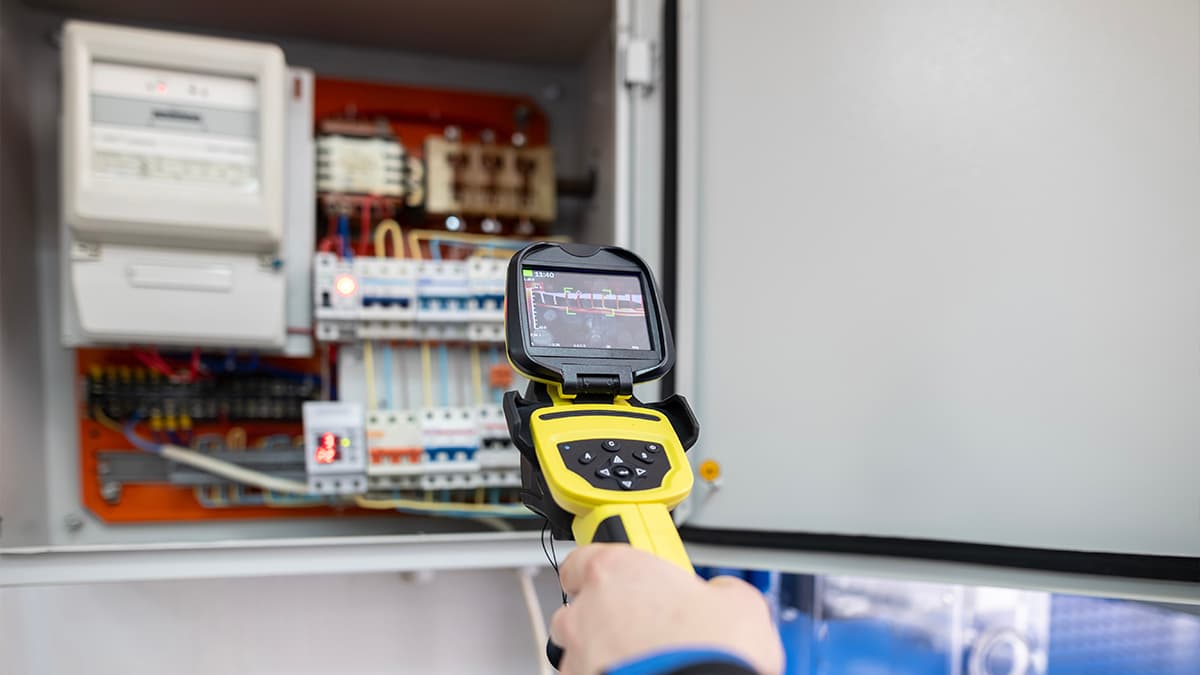 Electrical panel inspection with a thermal camera, illustrating EV charger installation planning for Los Angeles homes.